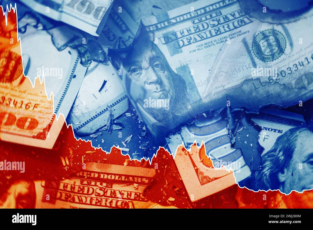 USD bills with overlayed falling sparkline chart. Concept of economic ...