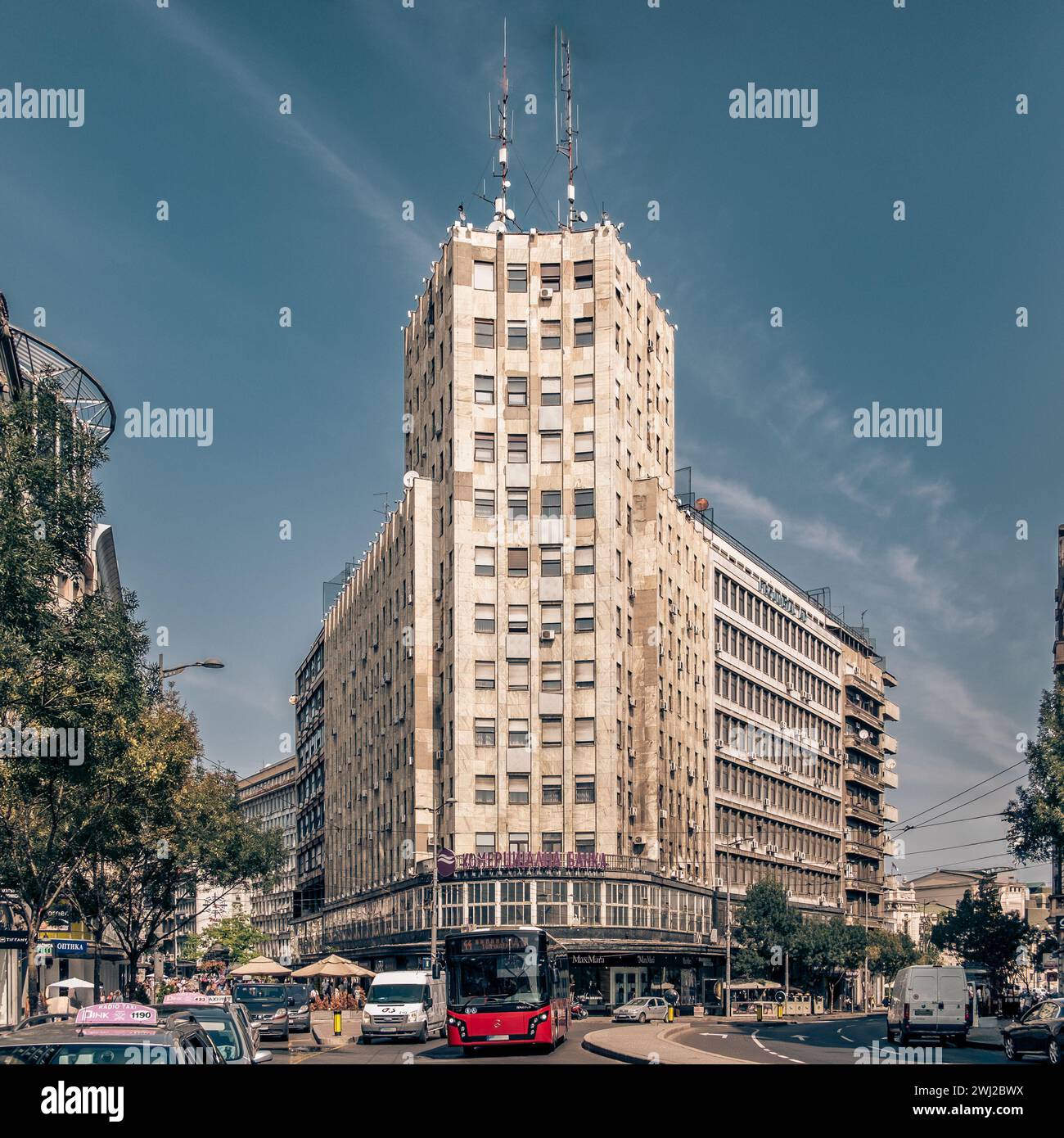 08.28.2017. Belgrade, Serbia: socialist era architecture, important building at the intersection of Kolarcheva Avenue with Prince Mihaila Street; insi Stock Photo