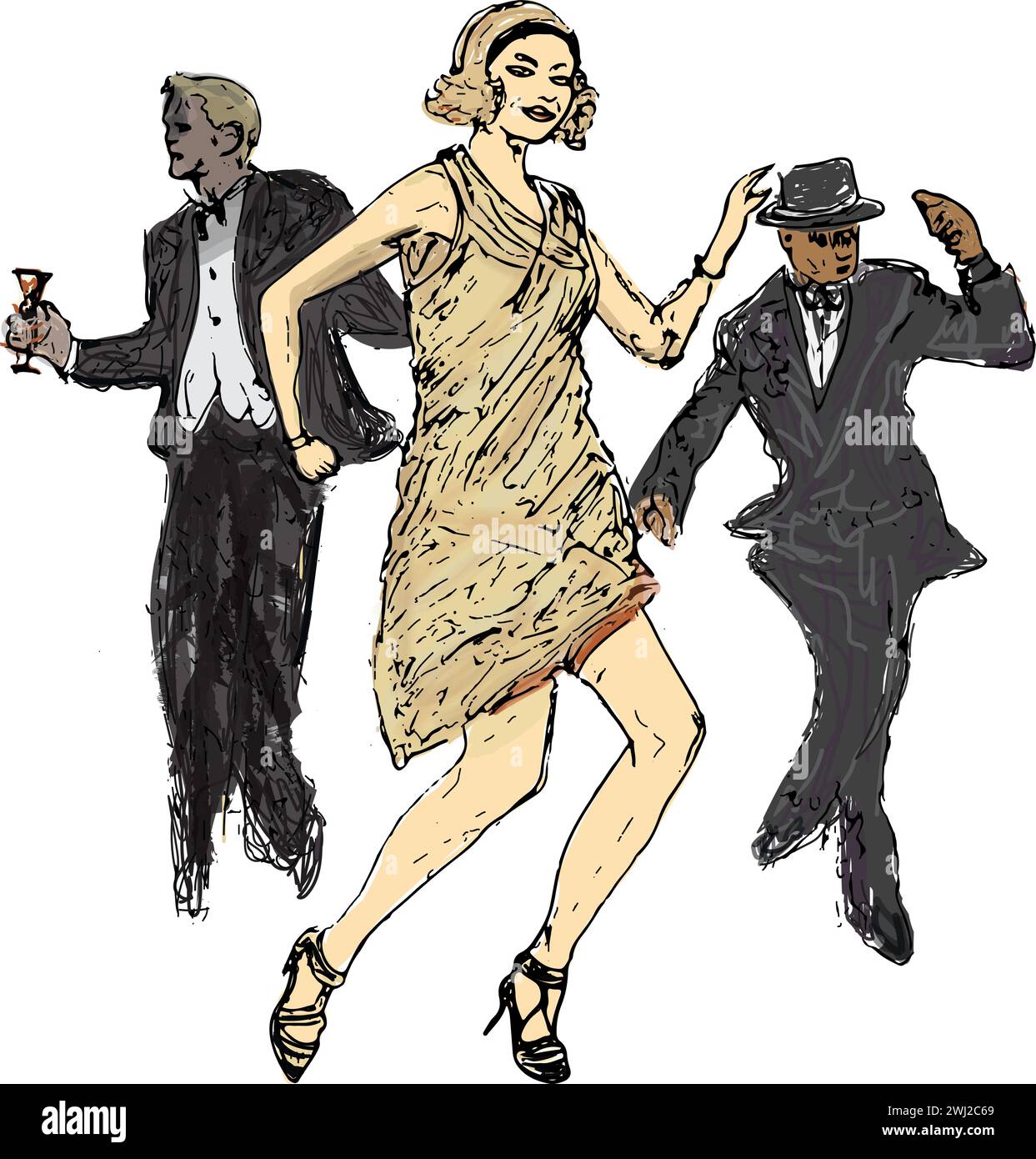 Illustration of a 1920s art deco party with woman in flapper dress dancing and men in suits- isolated dancers Stock Vector