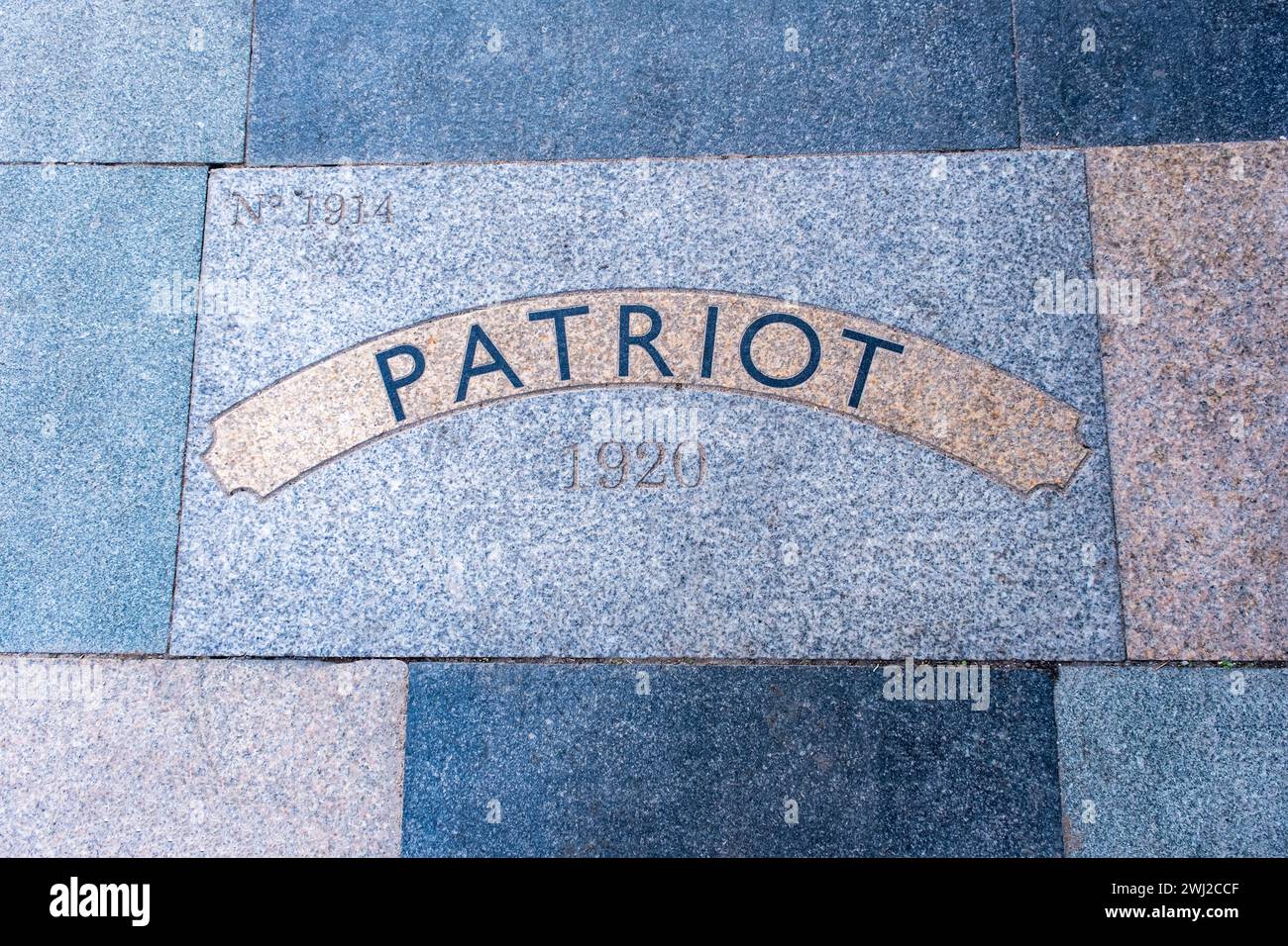 Paving slab in West Street Crewe Saying Patriot, train build at Crewe Works No 1914 in 1920 Stock Photo