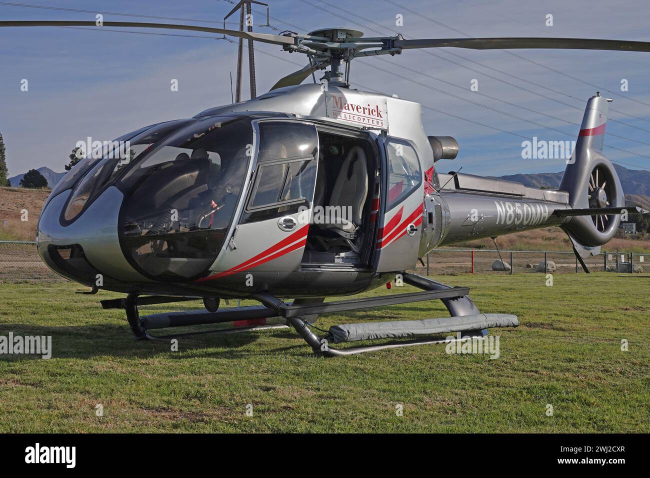 L.A., California, USA - Nov. 4, 2023: An Airbus EC 130 helicopter, operated by Las Vegas-based sightseeing tour company Maverick Helicopters, is shown. Stock Photo