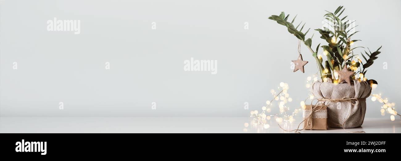 Banner with Christmas tree made from houseplant. Gift boxes packed in paper, decorated with lace and twine. Eco Christmas decor Stock Photo