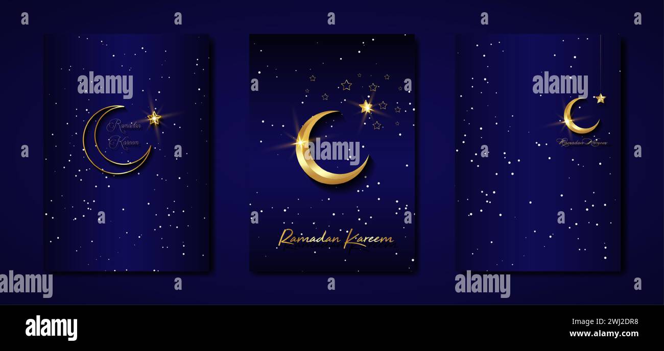 Ramadan Kareem 2024 vector set black card. Gold half moon on blue starry background. Golden holiday poster with text, islamic symbol. Concept Muslim Stock Vector