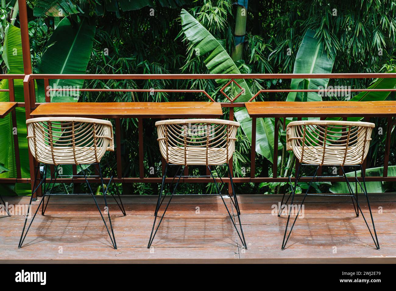 Outdoor wooden long table setting with woven chairs surrounded by lush green plants. Tropical cafe concept. Stock Photo