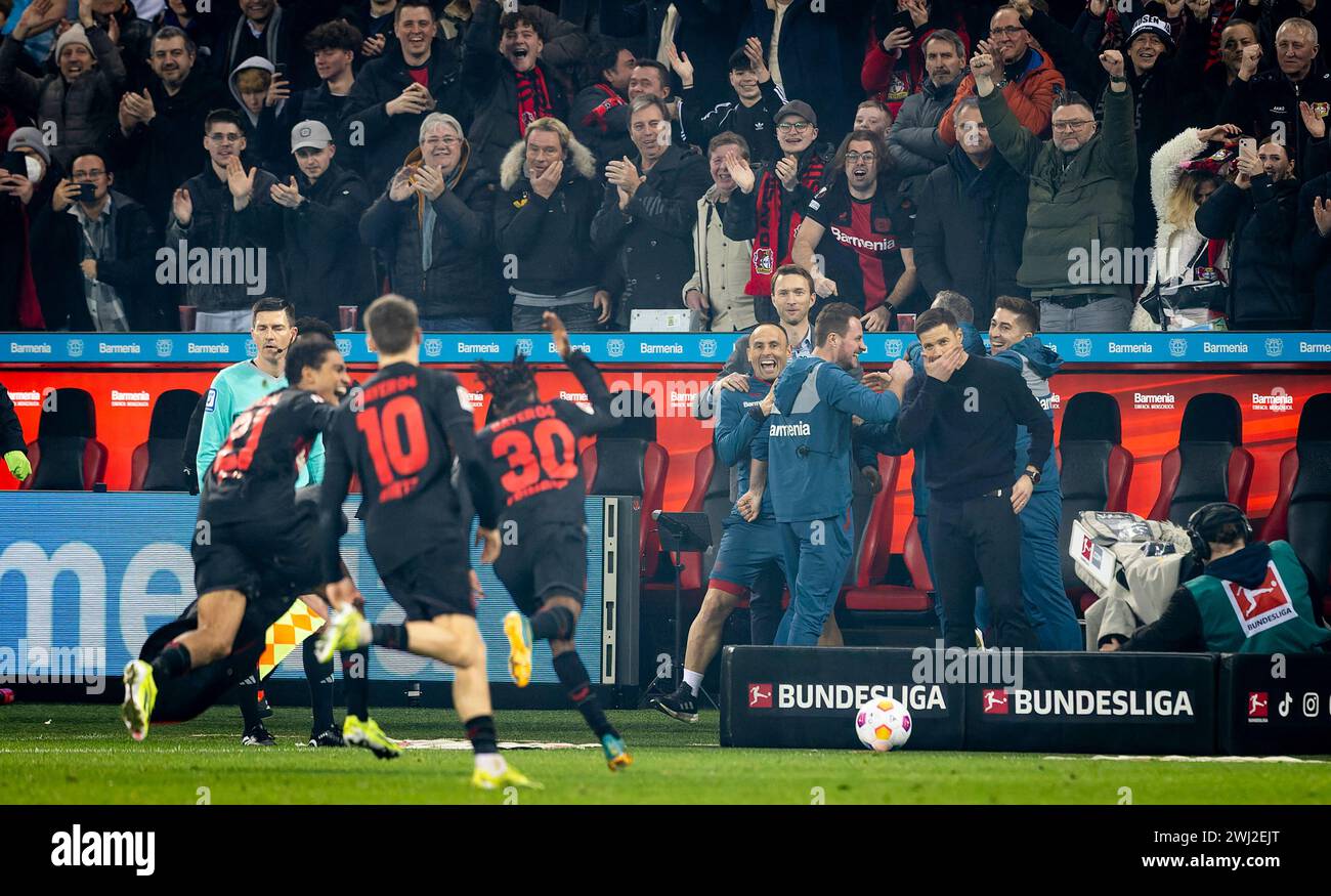 Leverkusen, Germany. 10th Feb 2024.  Torjubel,: Trainer Xabi Alonso (Leverkusen) Jeremie Frimpong (Leverkusen) Bayer Leverkusen - FC Bayern München 10 Stock Photo