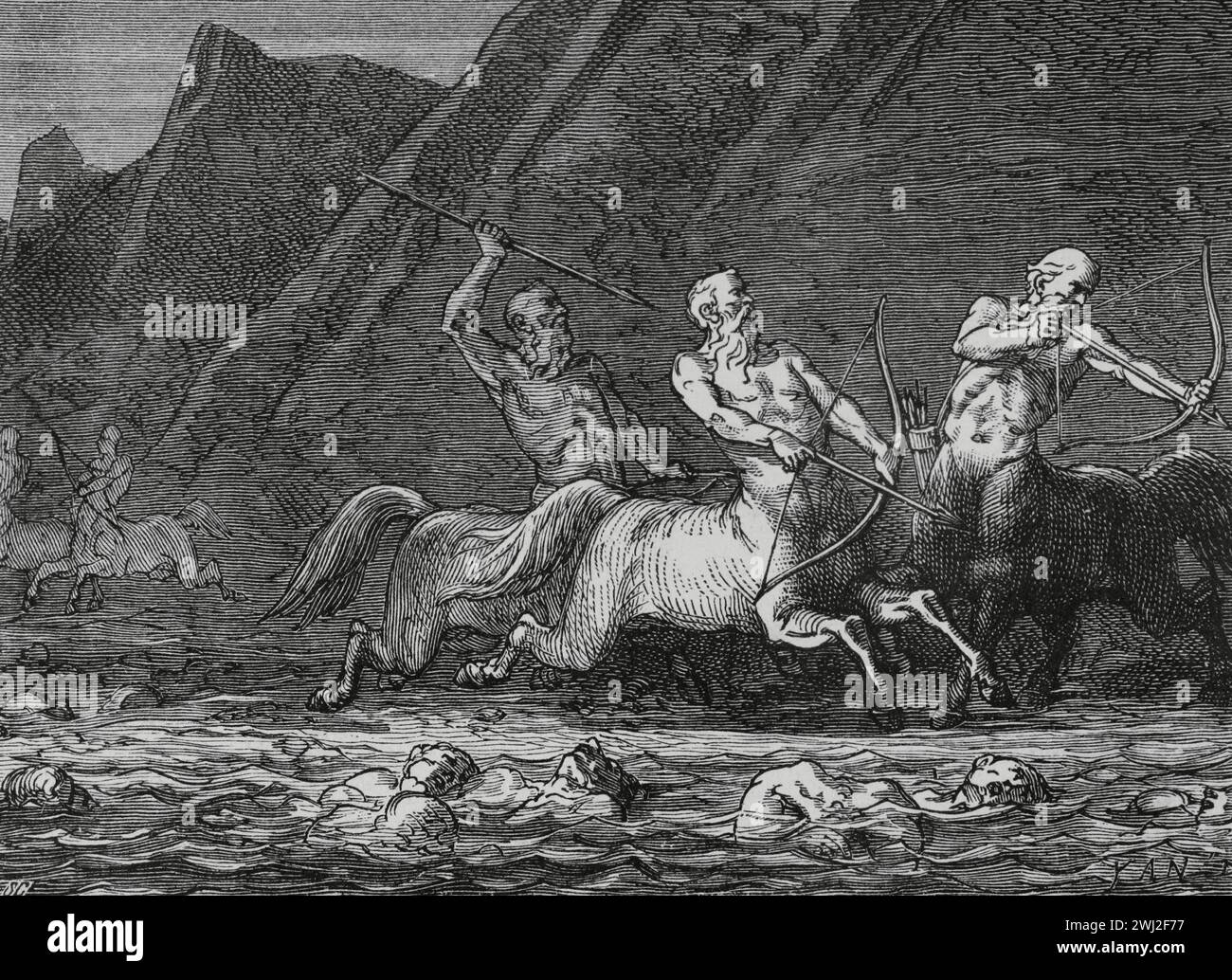The Divine Comedy (1307-1321). Italian narrative poem by the Italian poet Dante Alighieri (1265-1321). Inferno (Hell). 'Centaurs in file were running...' Illustration by Yann Dargent (1824-1899). Engraving. Published in Paris, 1888. Stock Photo
