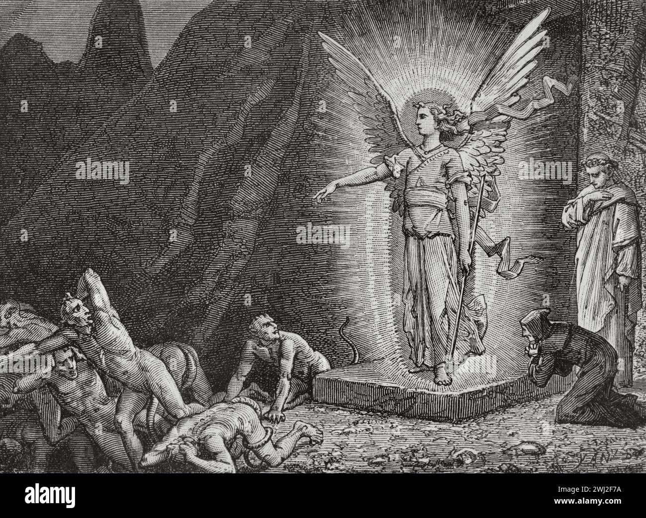 The Divine Comedy (1307-1321). Italian narrative poem by the Italian poet Dante Alighieri (1265-1321). Inferno (Hell). 'Oh demons cast out of heaven!...' Illustration by Yann Dargent (1824-1899). Engraving. Published in Paris, 1888. Stock Photo