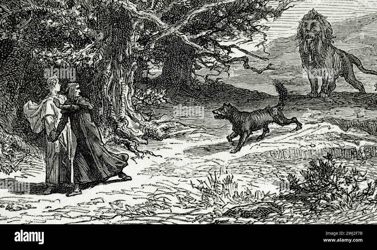 The Divine Comedy (1307-1321). Italian narrative poem by the Italian poet Dante Alighieri (1265-1321). Inferno (Hell). '...Look at that wild beast...' She-wolf (symbolizes greed). Lion (symbolizes pride). Illustration by Yann Dargent (1824-1899). Engraving. Published in Paris, 1888. Stock Photo