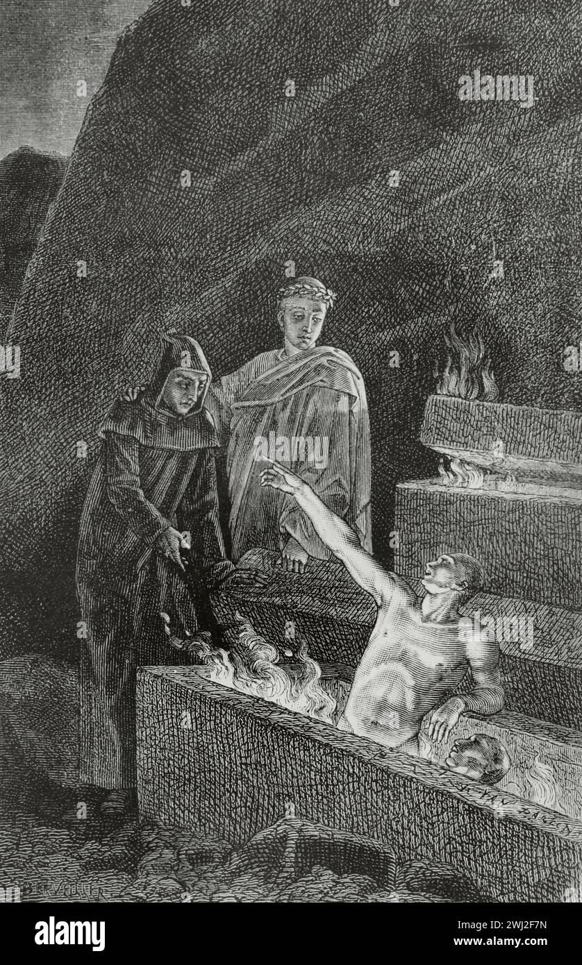The Divine Comedy (1307-1321). Italian narrative poem by the Italian poet Dante Alighieri (1265-1321). Inferno (Hell). 'Such words were suddenly heard from one of those sepulchers...' Illustration by Yann Dargent (1824-1899). Engraving. Published in Paris, 1888. Stock Photo