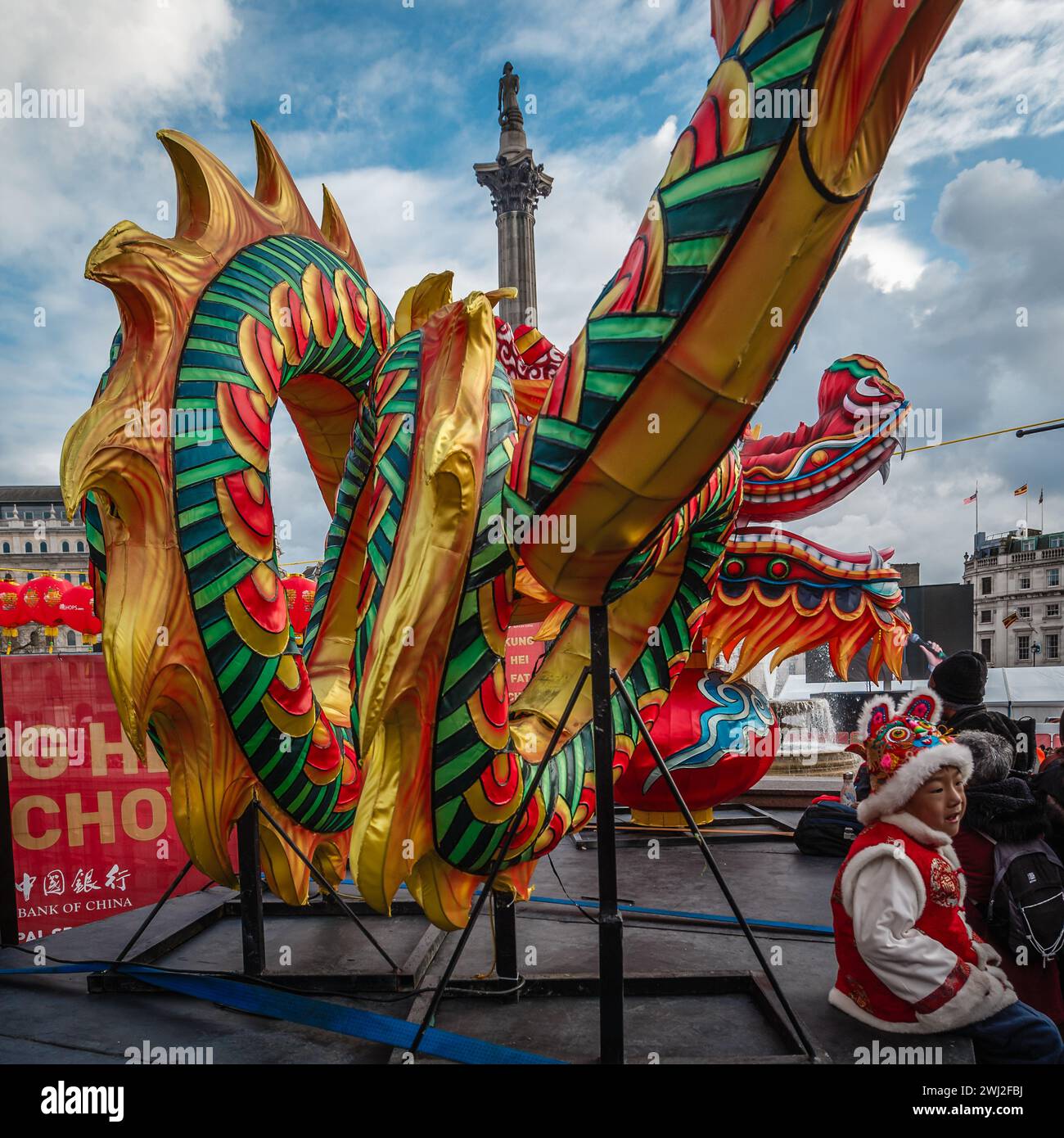 A large dragon in Trafalgar Square for the Chinese new year celebrations in London. Stock Photo