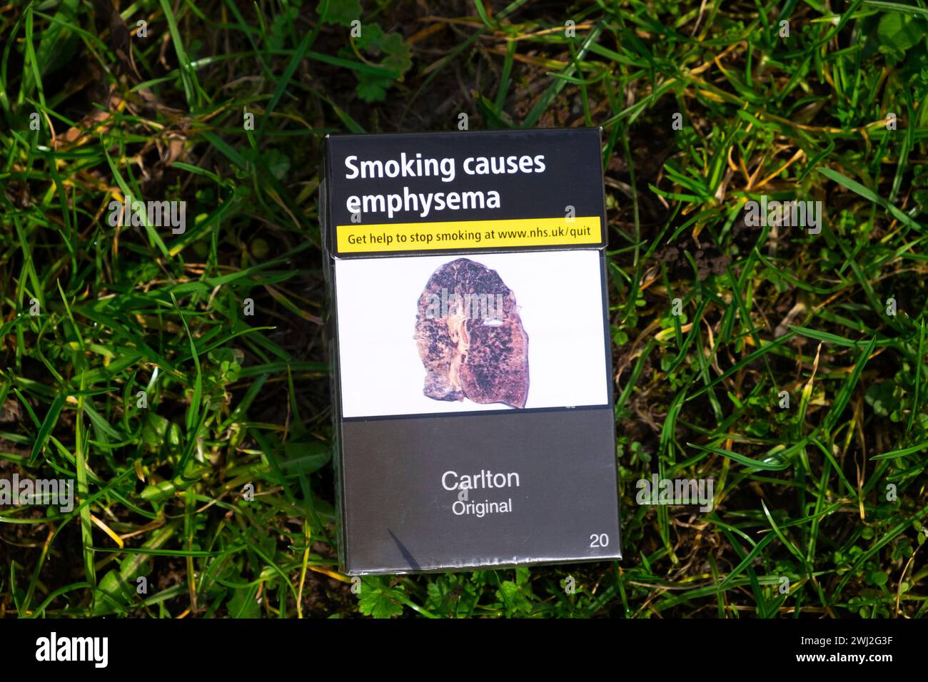 A discarded cigarette packet pack on grass background with diseased lung caused by smoking displaying emphysema warning in UK  KATHY DEWITT Stock Photo