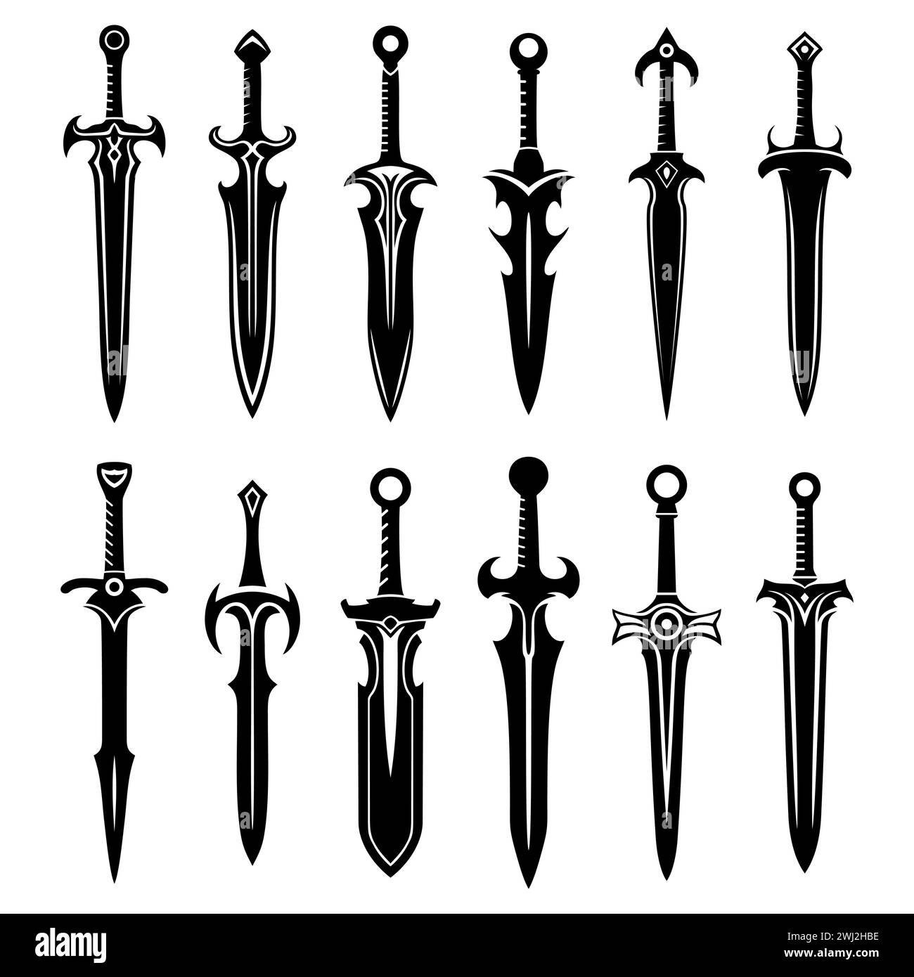 Set of fantasy swords icons. Medieval swords and futuristic weapons for game interface. Cartoon set of fantasy metal longswords. Vector illustration Stock Vector