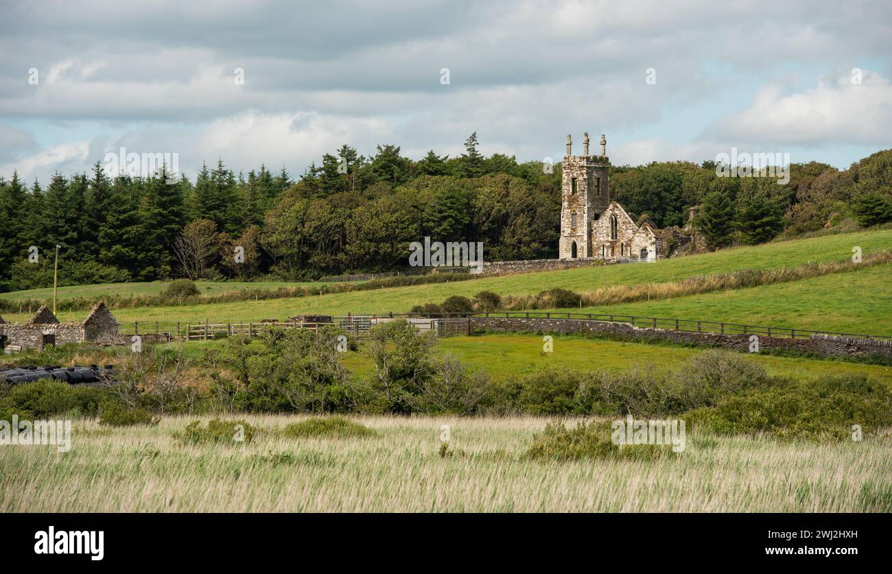 Irish church ruins in a farmland. Castlefreke church remains. Irish countryside. Ireland Europe Stock Photo