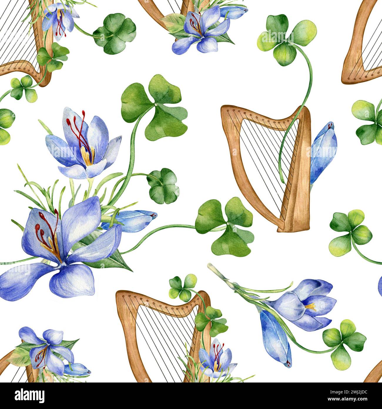 Simple Harp Pattern Harp and spring flowers watercolor seamless pattern isolated on white ...
