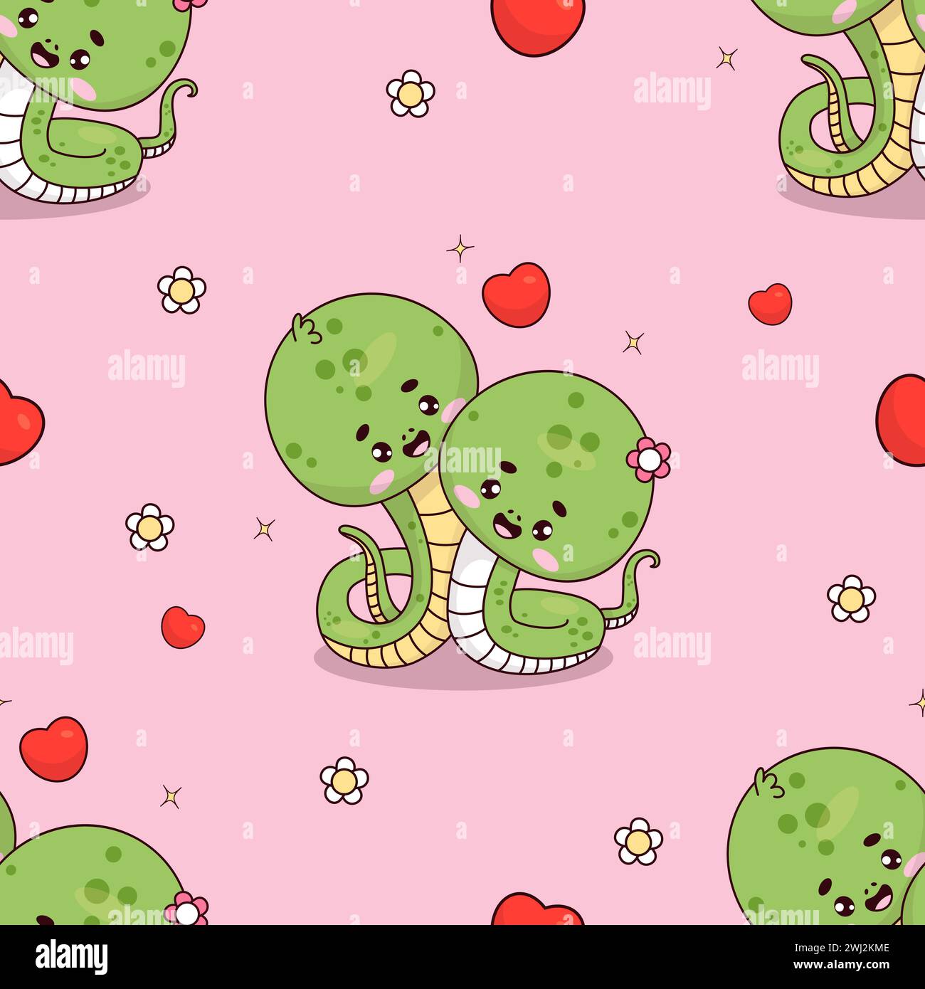 Seamless pattern with romantic snake on pink background with hearts. Cute valentine kawaii reptile animal character. Vector illustration Stock Vector