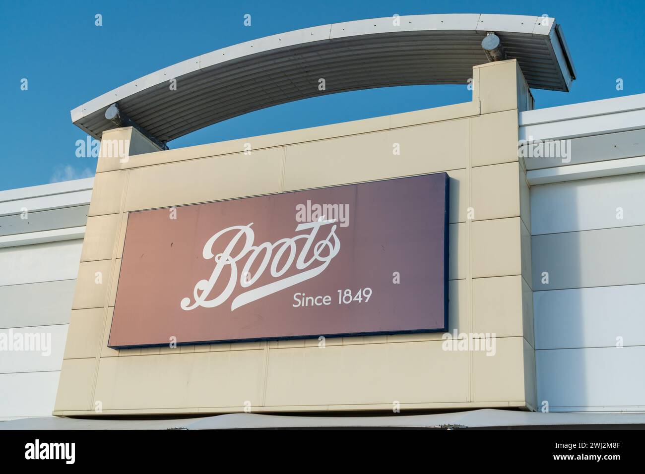 Wolverhampton, England – February 12 2024: UK Health, Beauty and pharmacy chain, Boots signage at the Bentley Bridge Retail Park in Wolverhampton Stock Photo