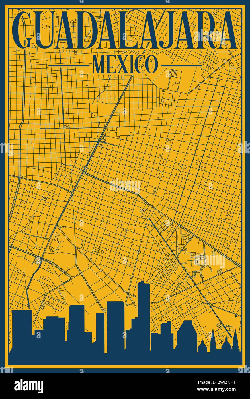 Road network and skyline poster of the downtown GUADALAJARA, MEXICO Stock Vector