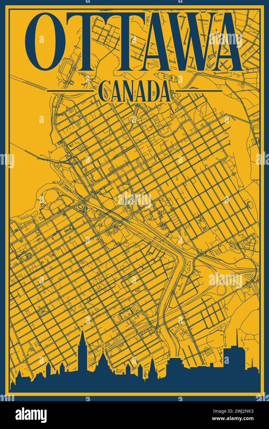 Road network and skyline poster of the downtown OTTAWA, CANADA Stock Vector