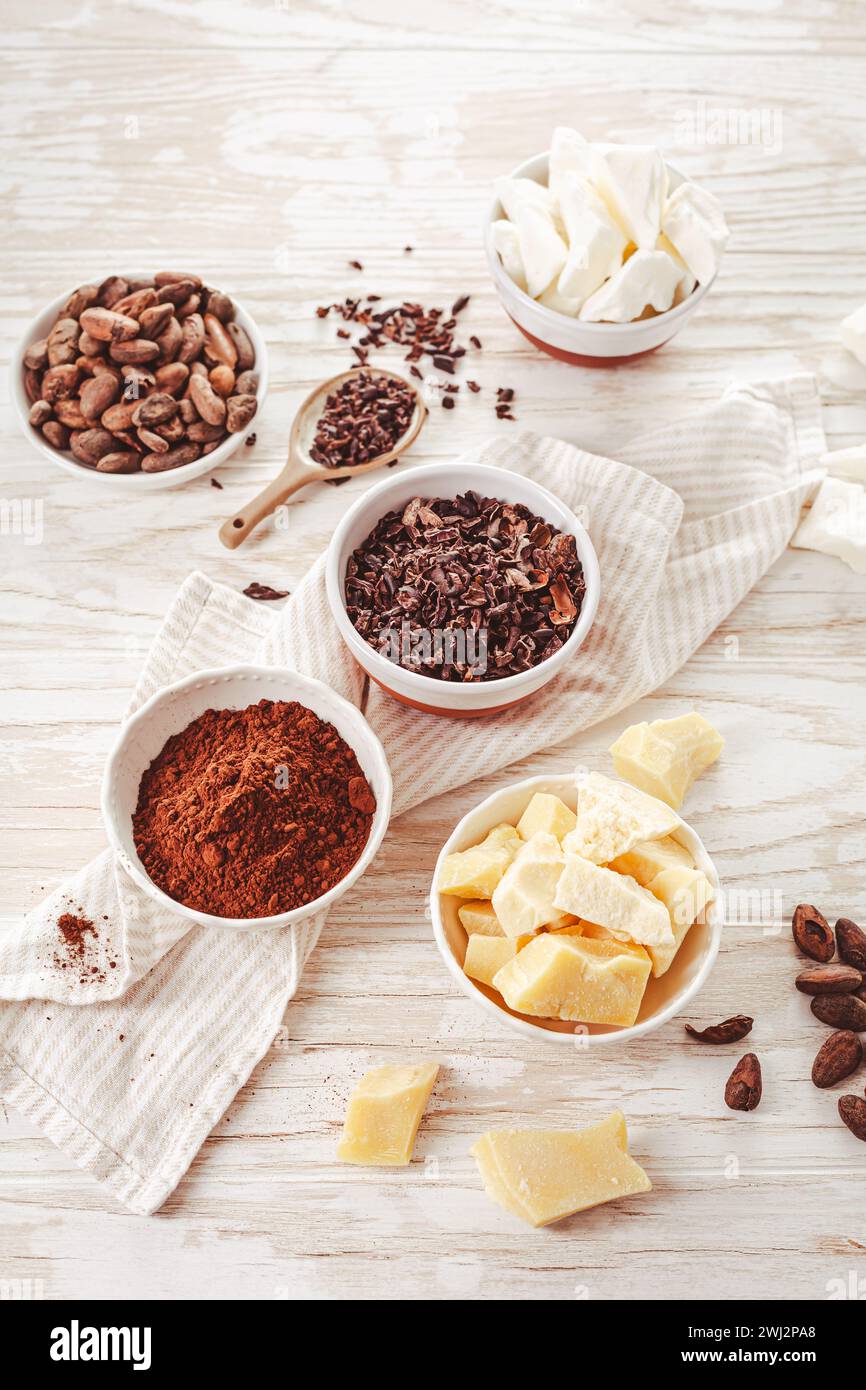 Cocoa beans, chocolate, cocoa butter, nibs and cocoa powder, baking ingredients Stock Photo