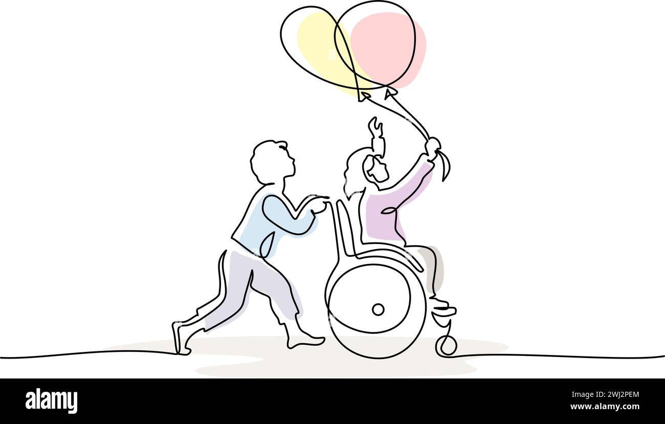 Happy disabled girl with balloons and healthy boy run outdoor. Stock Vector