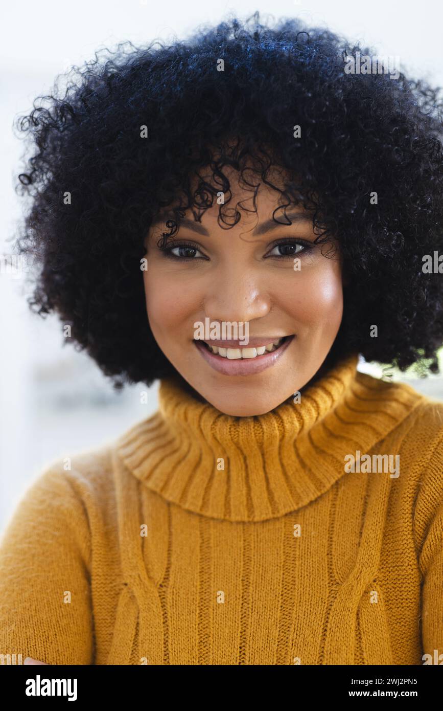 Happy african american woman, face close up at home, copy space Stock ...