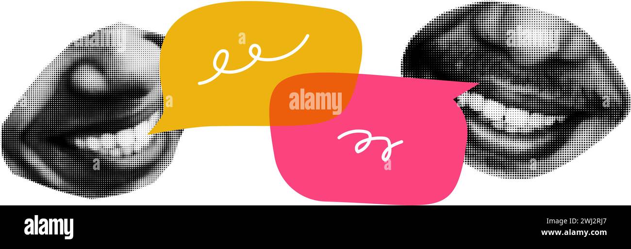 Halftone collage lips with speech bubbles vector illustration Stock Vector