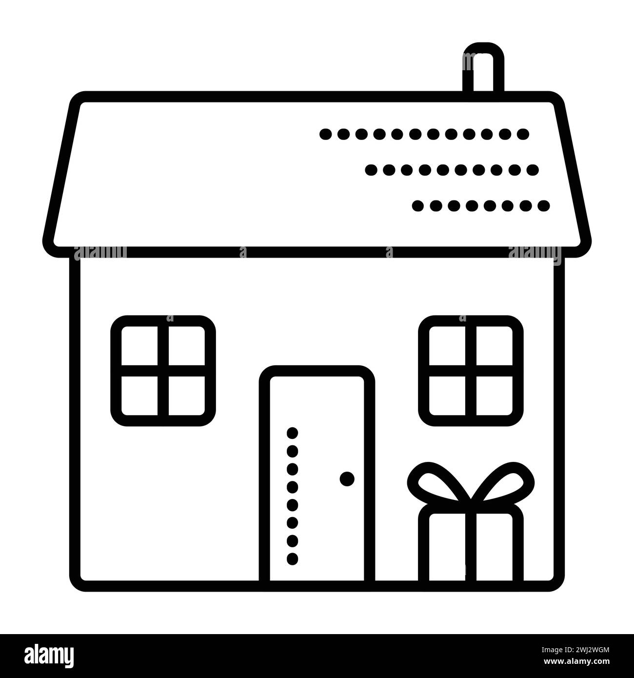 Delivery to home, black line vector icon, pictogram of house and gift near the door Stock Vector
