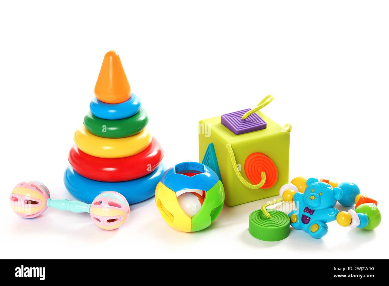 Collection of colorful plastic toys for little kids. Stock Photo