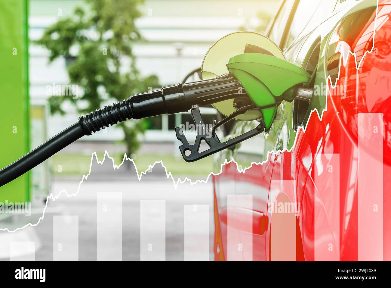 Car on filling station and rising chart showing gasoline price increase during energy crisis Stock Photo