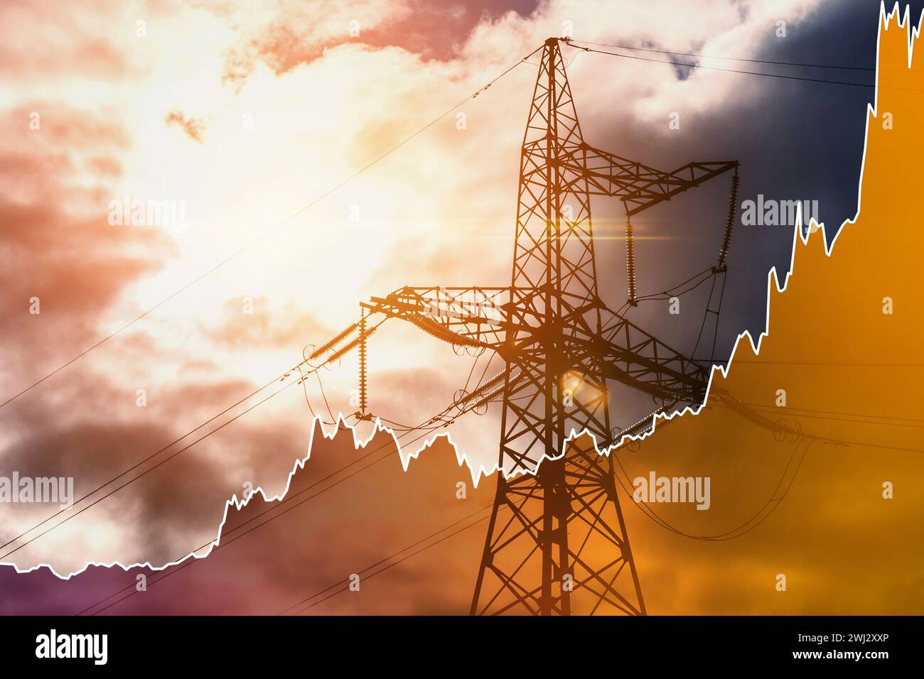 Transmission tower and raising sparkline chart representing electricity prices rise Stock Photo