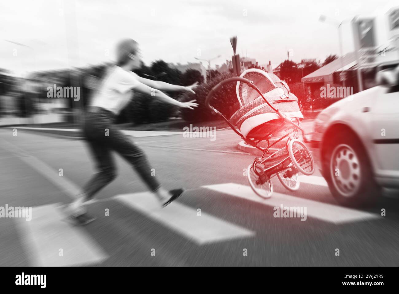Car accident on the crosswalk. Vehicle hits the baby pram at high speed. Stock Photo