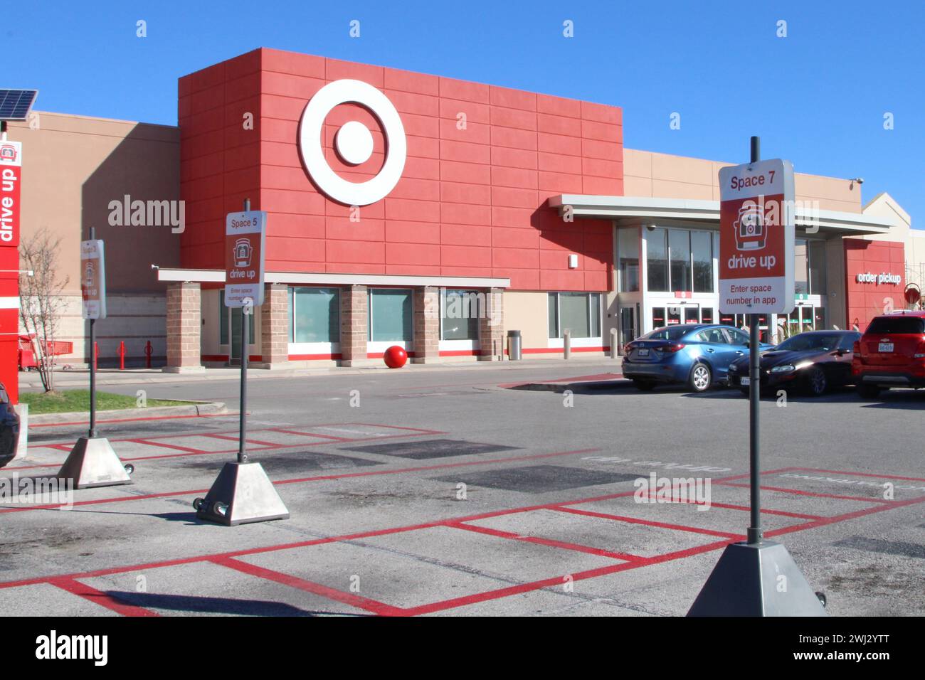 San Antonio, USA. 12th Feb, 2024. Exterior view and “drive up” signage at a Target discount department store in San Antonio, Texas, USA, on February 12, 2024. Target corporation was founded in 1902, by businessman George Dayton. During 2023, Target operated 1,948 stores in the USA. (Photo by Carlos Kosienski/Sipa USA) Credit: Sipa USA/Alamy Live News Stock Photo