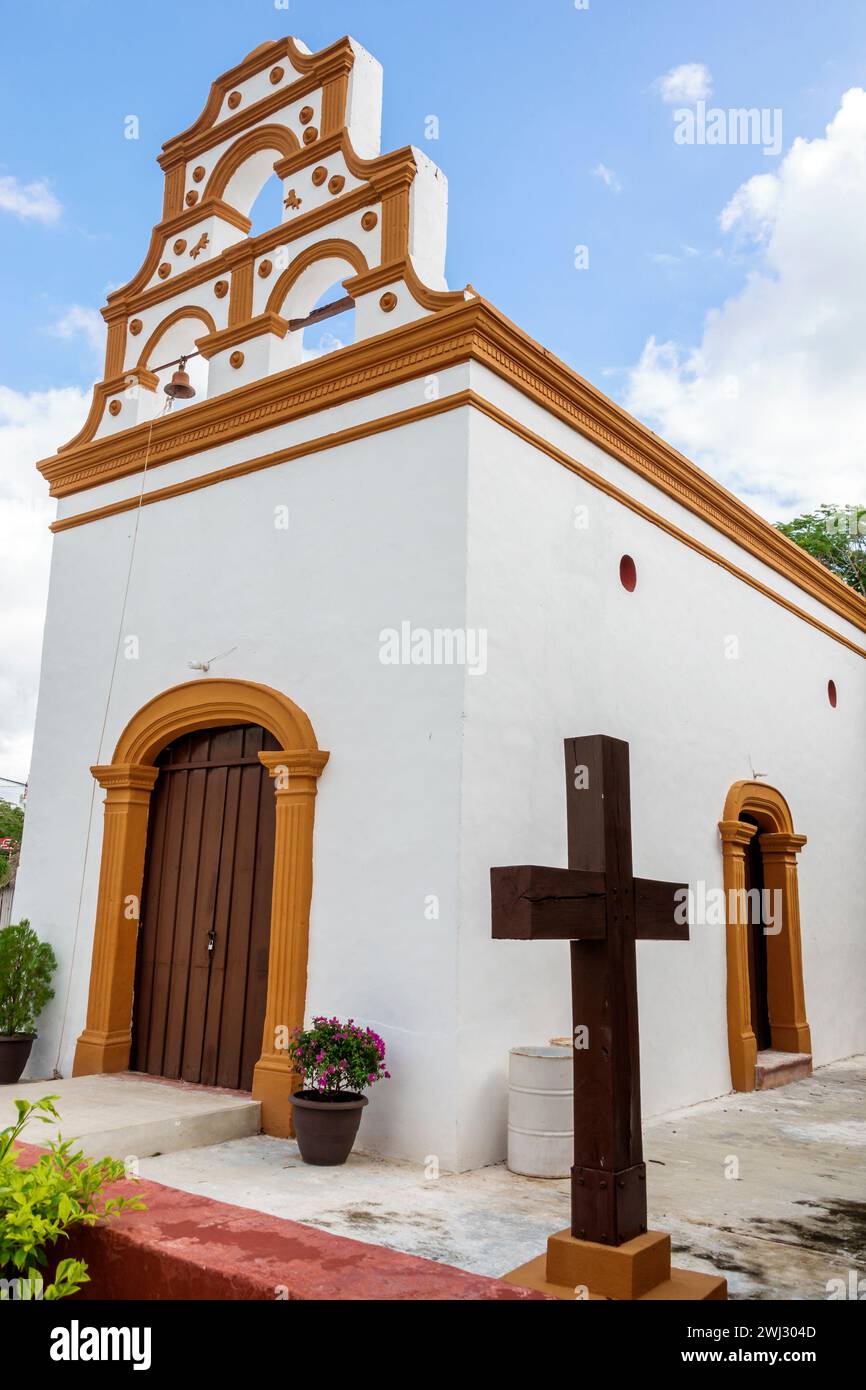 Merida Mexico,Iglesia De Dzibilchaltun church chapel,Capilla San Antonio de Padua,outside exterior,front entrance,cross bell tower Mexican Hispanic La Stock Photo