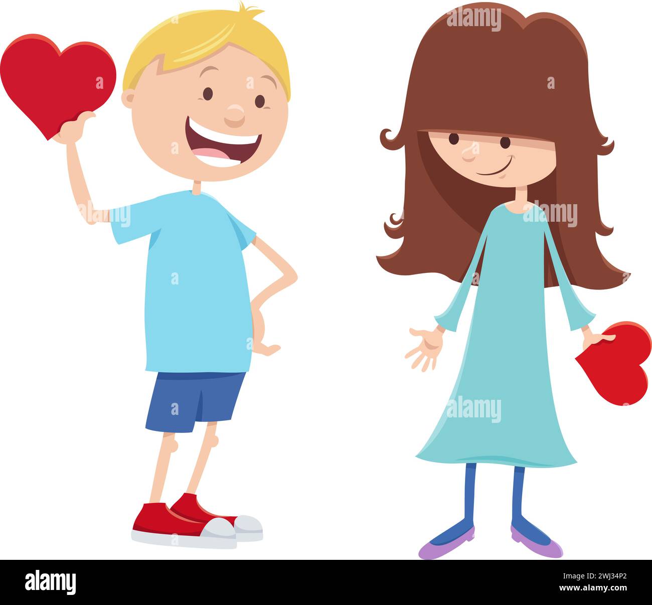 Cartoon illustration with girl and boy characters with Valentines Day ...