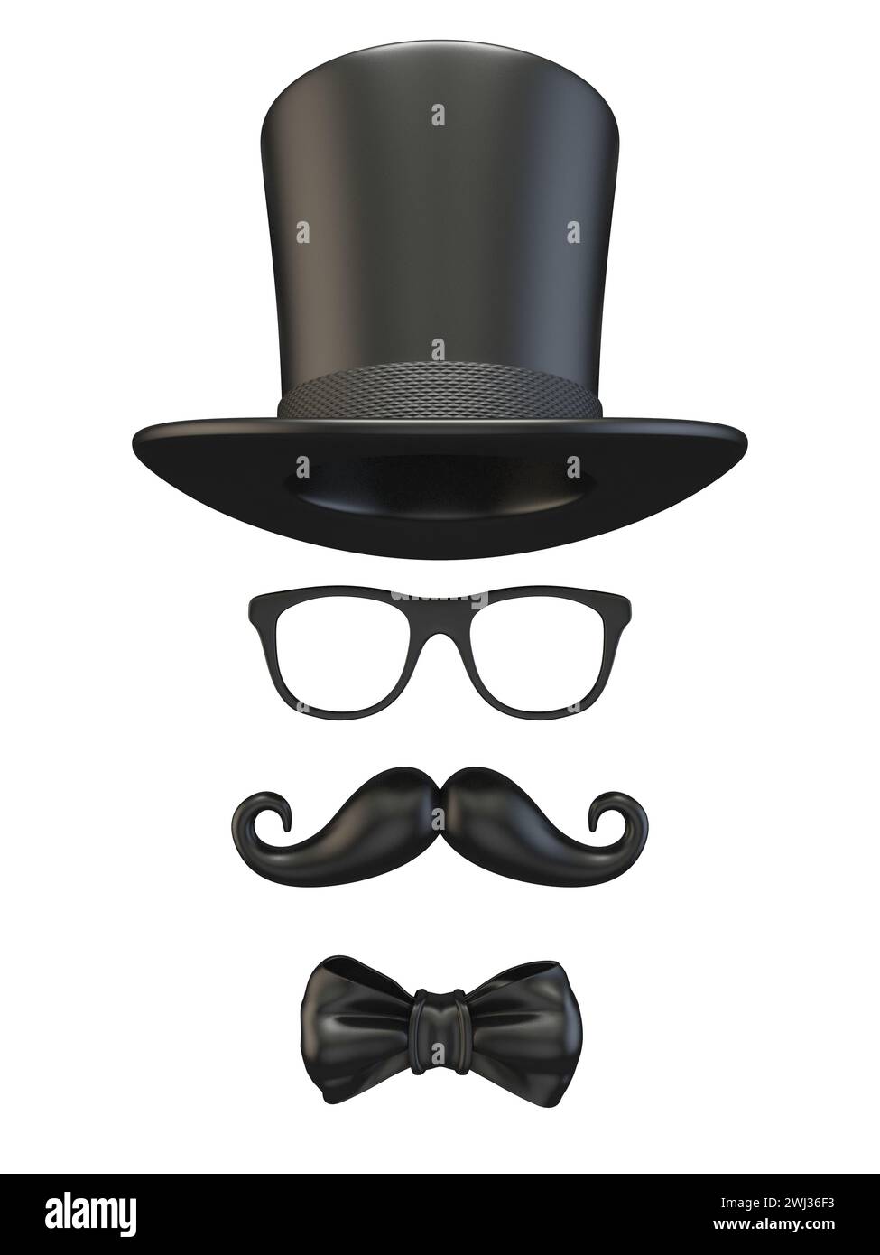 Black mask Cylinder, ribbon bow, glasses and moustache 3D Stock Photo