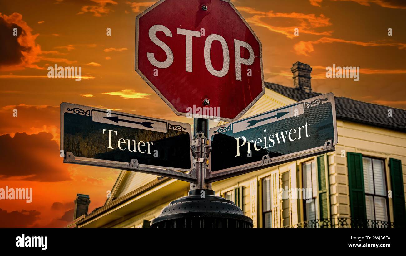 Signposts the direct way to Inexpensive versus Expensive Stock Photo