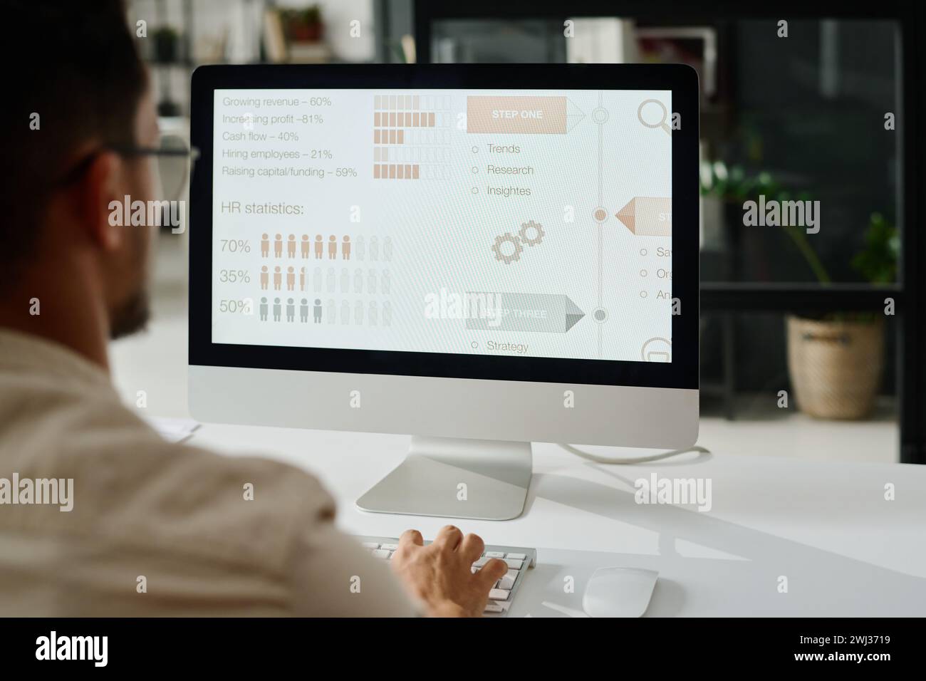Screen of desktop computer with statistic data standing on workplace of ...