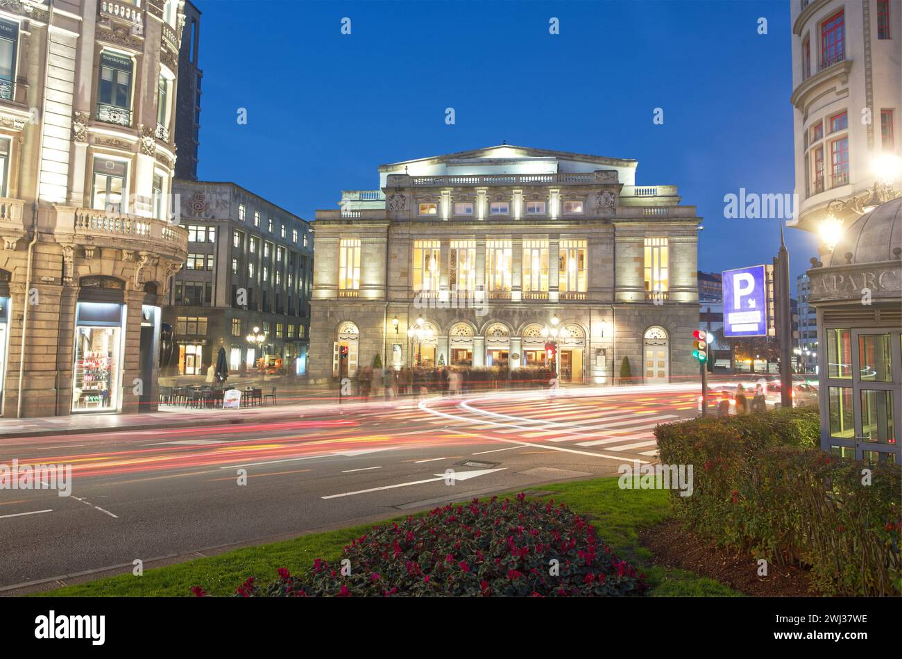 Oviedo, Asturias, Spain. The Campoamor theater is the opera house, founded in 1892. It hosts the Princess of Asturias Awards ceremony. Night Stock Photo