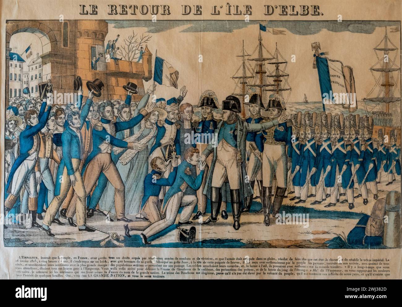 View of old newspaper article depicting Napoleon's return from exile on Elba in the Villa San Martino museum Stock Photo