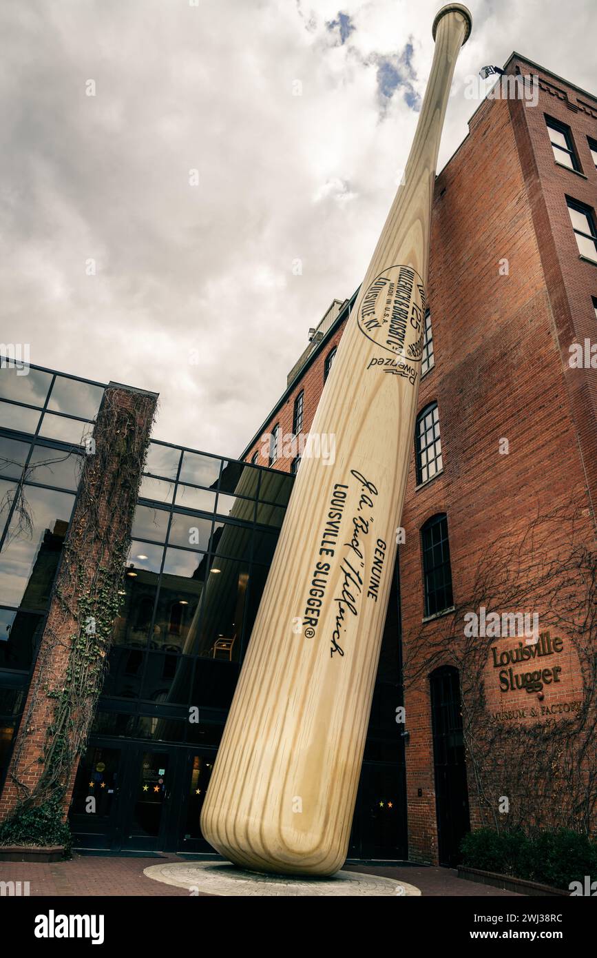 Louisville, KY, February 23, 2020: Oversized baseball bat sculpture in front of Louisville Slugger museum and factory in downtown Louisville, Kentucky Stock Photo