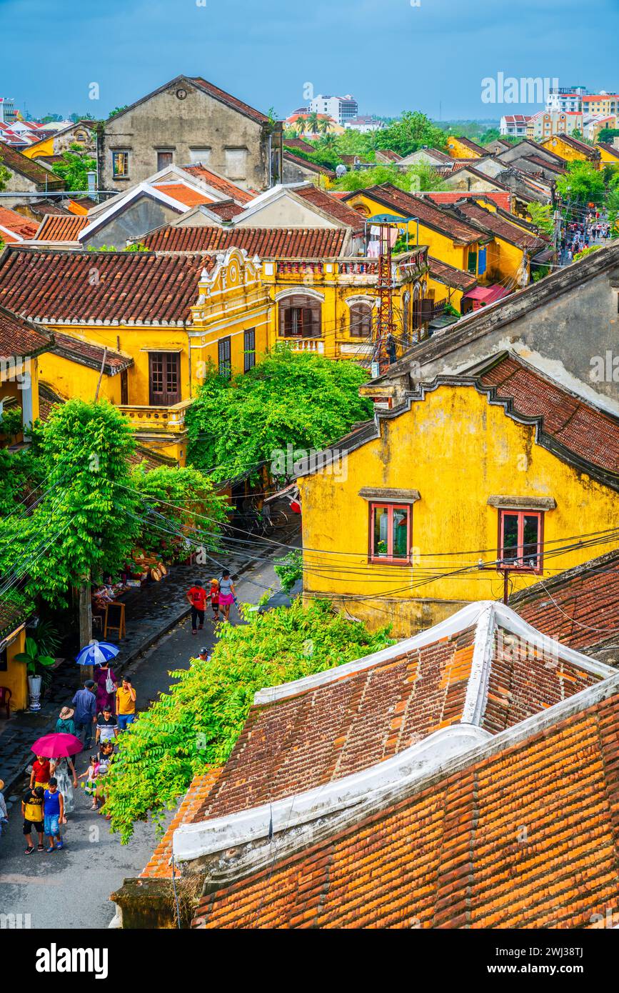 Hoi An, Vietnam, November 20, 2022 Aerial view of a shopping street in the town of Hoi An