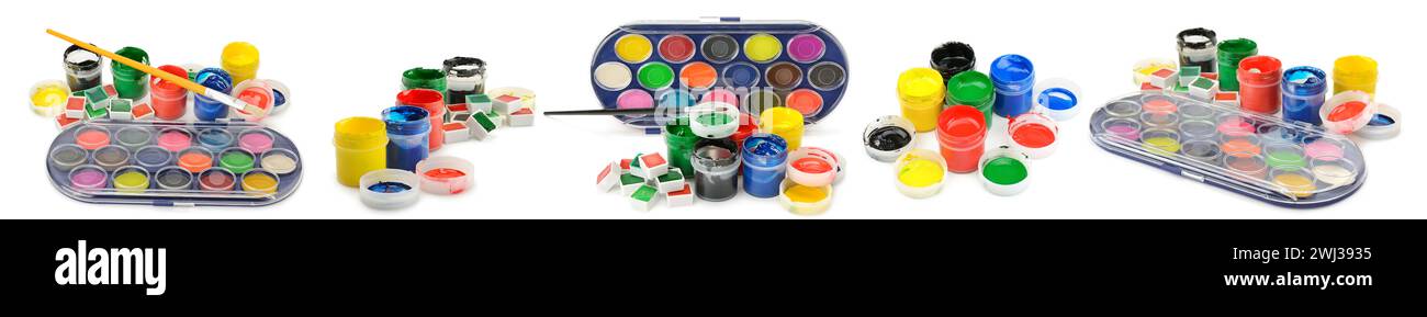 Multicolored watercolor and gouache paints and brushes isolated on white background. Stock Photo