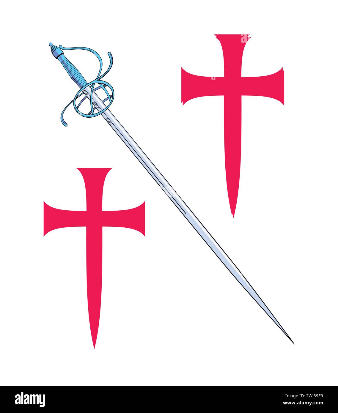 T-shirt design of two large medieval crosses next to an ancient inclined sword. Illustration for cavalry themes. Stock Vector