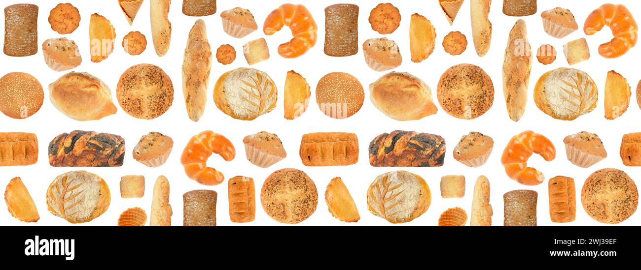 Beautiful seamless pattern of bread products isolated on white background Stock Photo
