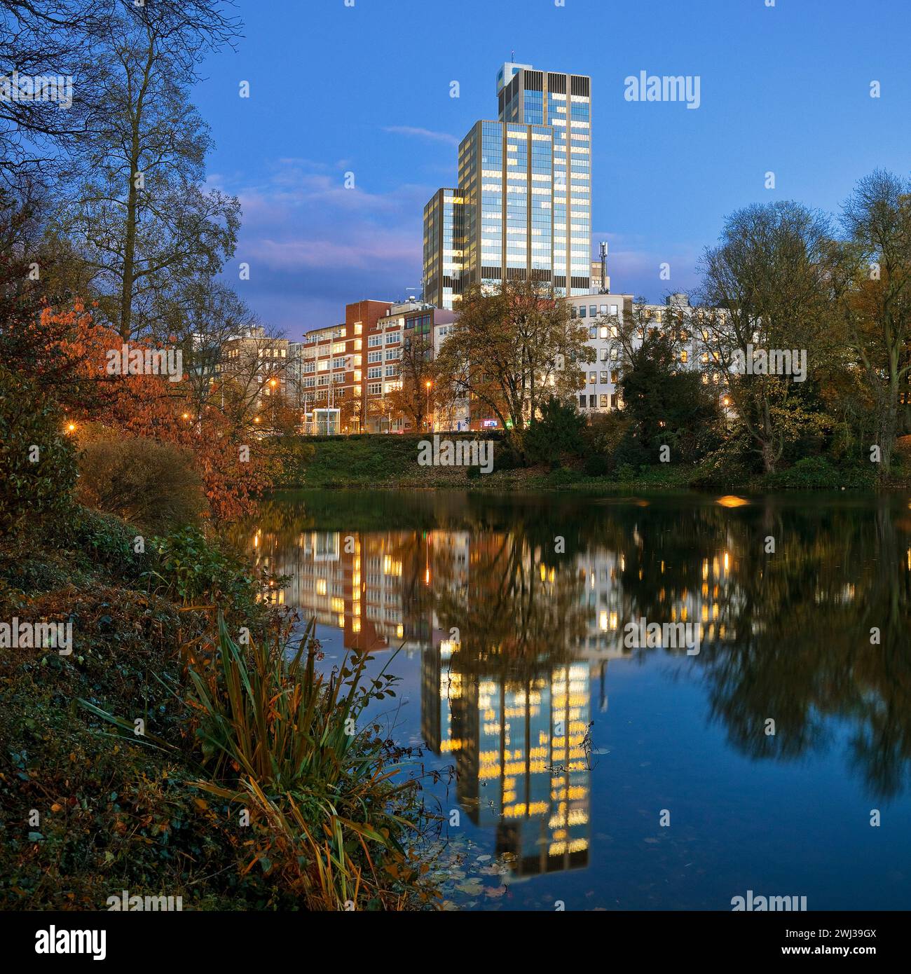 The LVA main building at the Kaiserteich in the autumn in the evening, Duesseldorf, Germany, Europe Stock Photo