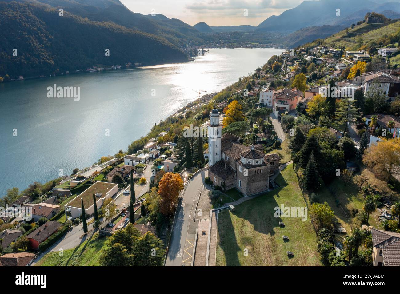 Drone view of Vico Morcote village and Lake Lugano in southern Switzerland Stock Photo