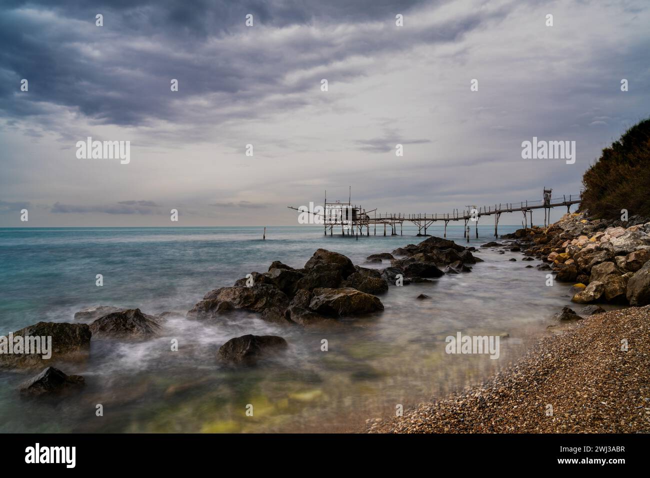 View of the Trabocco Turchino fishing machine and hut on the Abruzzo coast in Italy Stock Photo