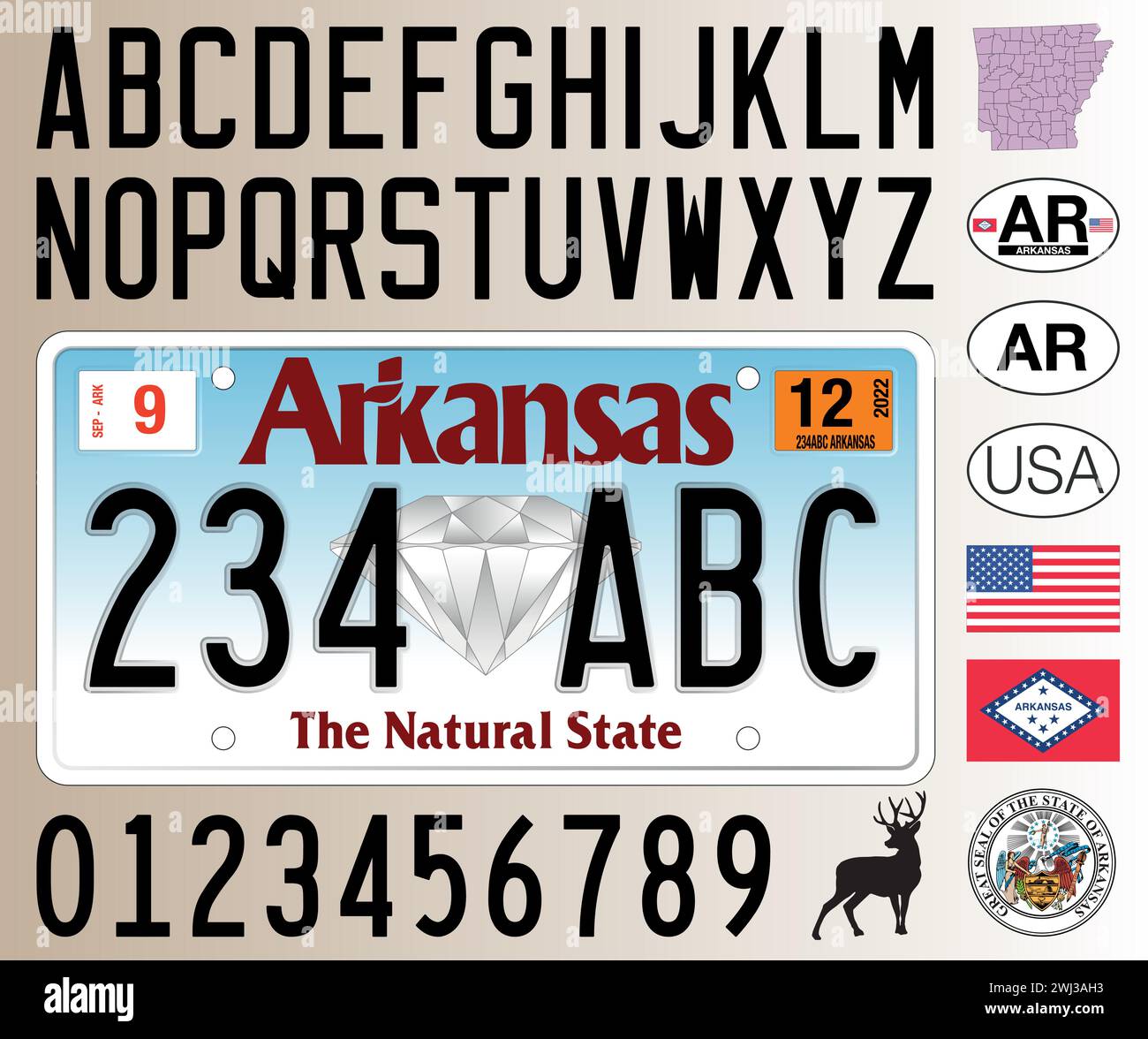 Arkansas car license plate pattern, letters, numbers and symbols, vector illustration, USA Stock Vector