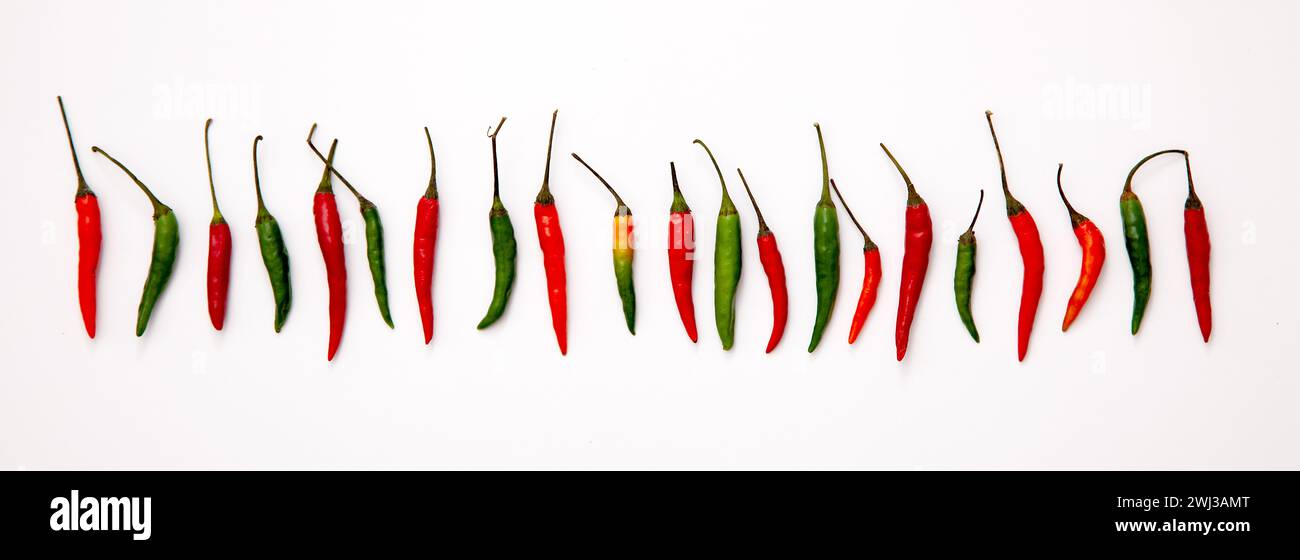 Hot red and green chili pepper isolated on white background banner ...