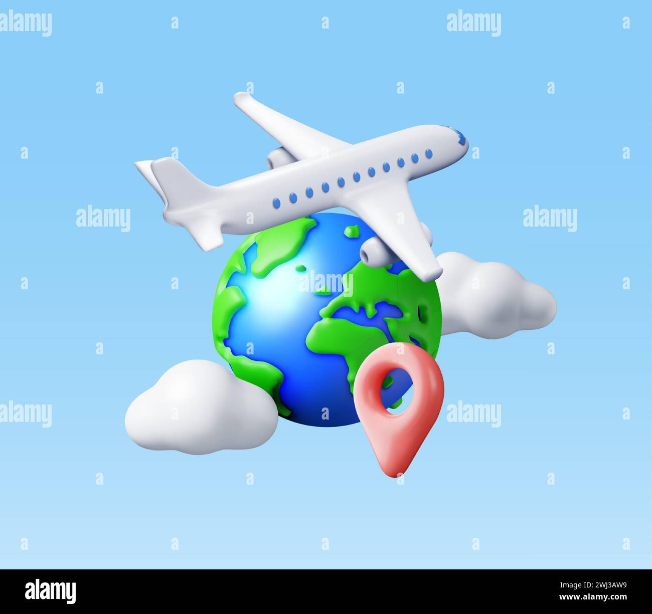 3D Airplane in Clouds and Globe Isolated Stock Vector